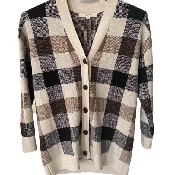 LOFT Sweaters - LOFT Beige, Black, & Brown Plaid V-Neck Button Down Cardigan Sweater ~ Size M